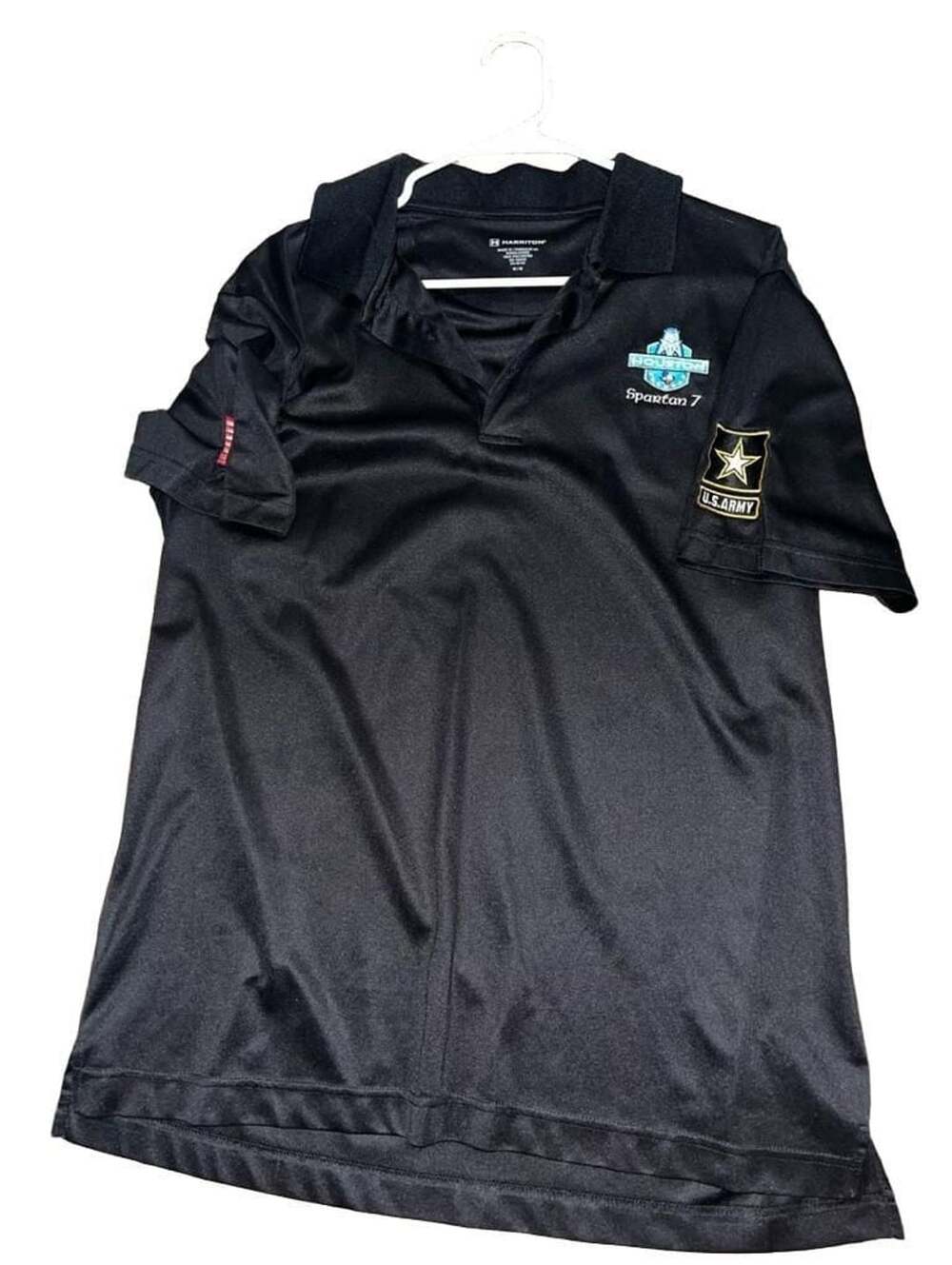 Harriton Black Polo Shirt U.S. Army and Houston Spartan 7 Patches Men's Medium